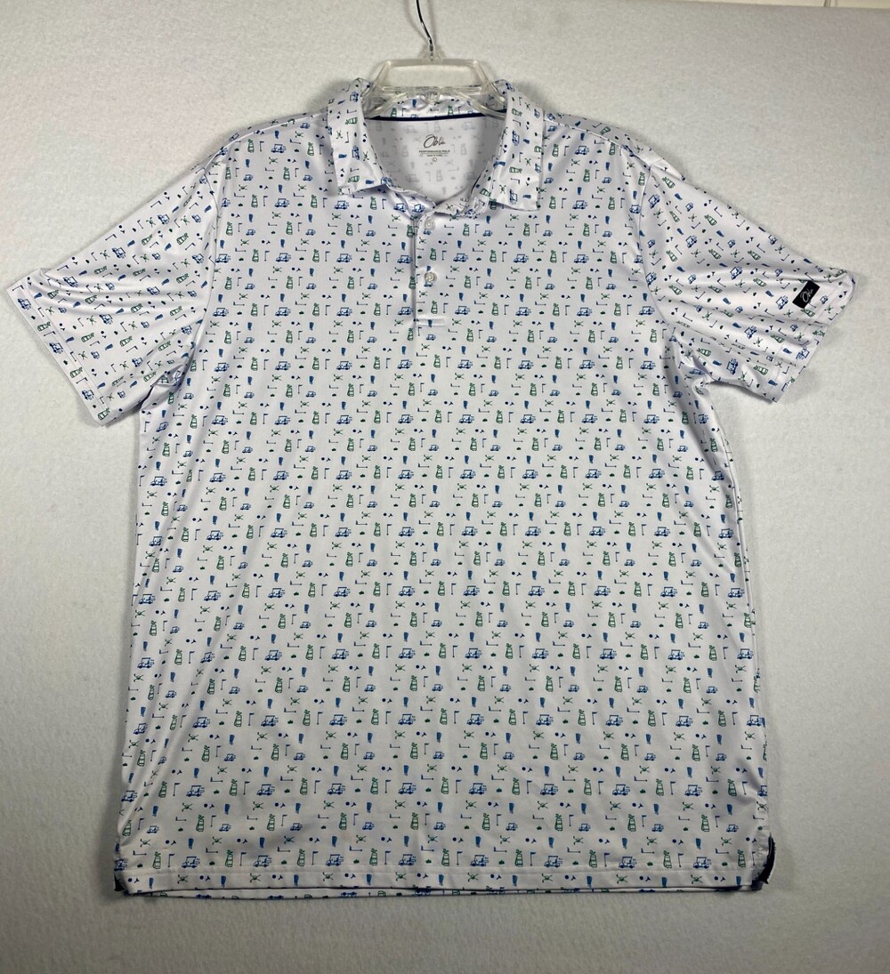 Obla Men's Large White Golf Performance Polo All Over Golf Print Blue Green